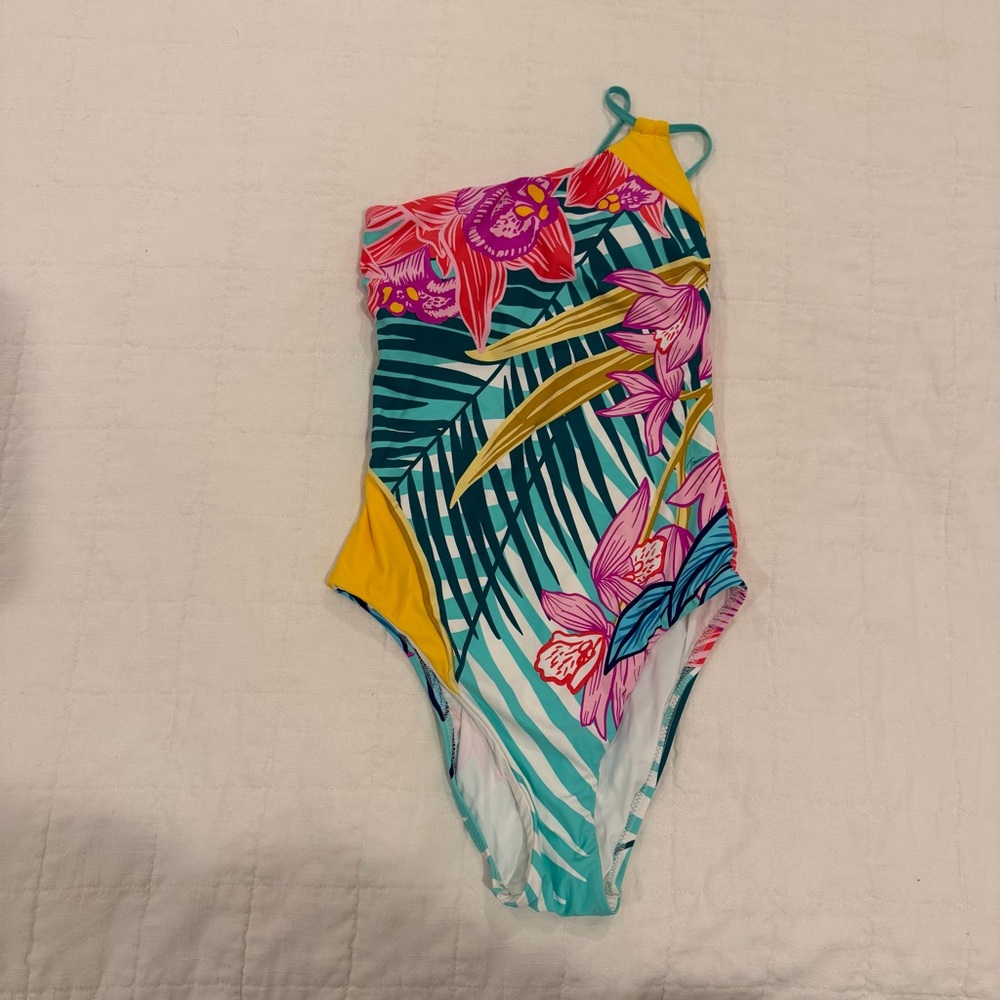 Trina Turk One Shoulder Asymmetrical Tropical Floral Swimsuit